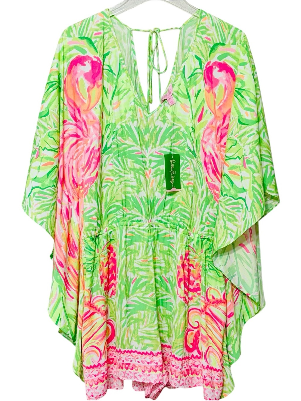 NWT Lilly Pulitzer Mai Romper XL Tiki Pink Flamingo Green Resort Kimono Caftan